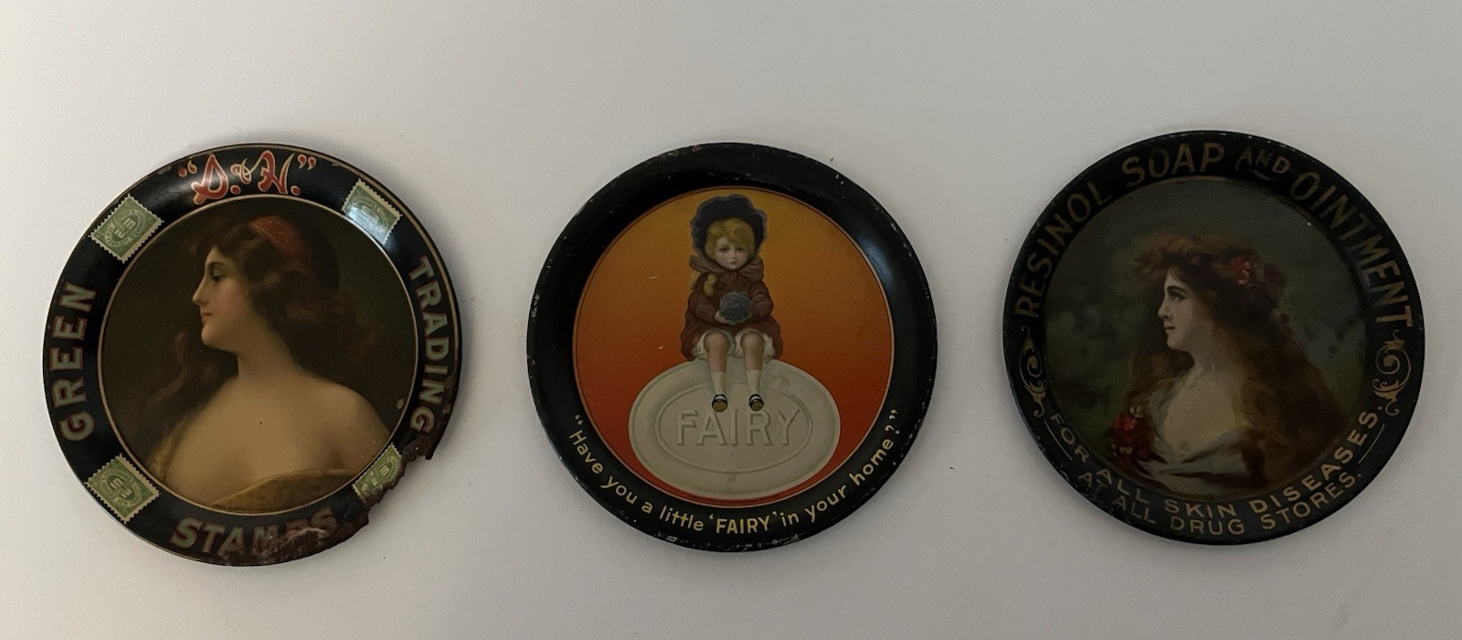 Antique Tip Trays:  Resinol Soap And Ointment, Fairy Soap and S&H Green Stamps