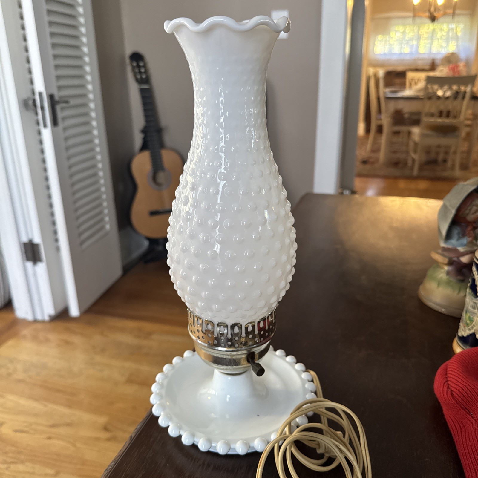 Vintage Hobnail Milk Glass Lamp Table Boudoir Hurricane 14” White Cottagecore