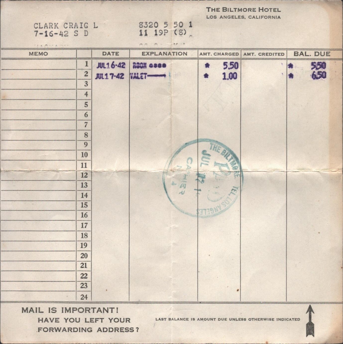 1942 THE BILTMORE HOTEL vintage guest receipt LOS ANGELES, CALIFORNIA - $5.50