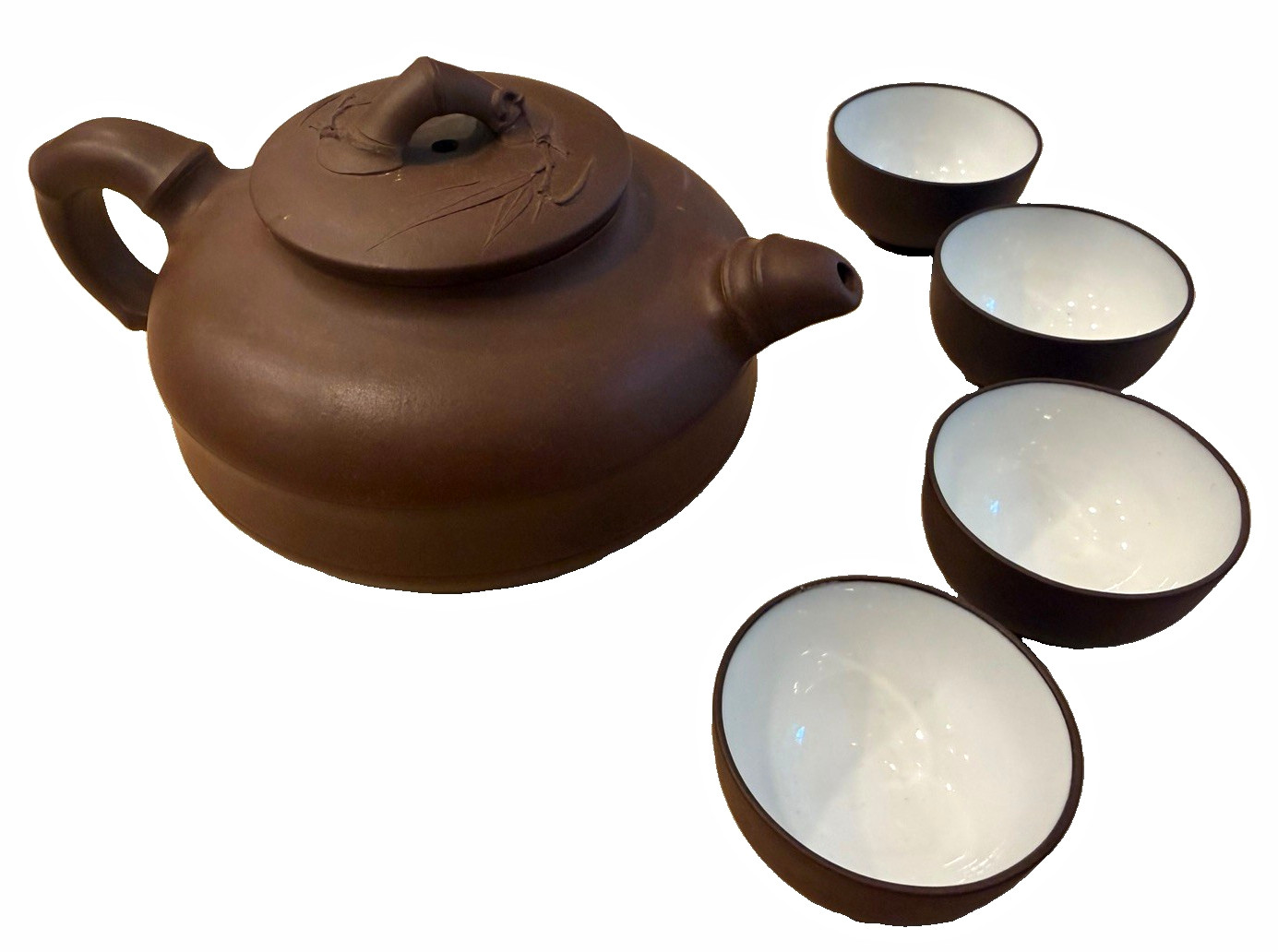 Vintage Chinese Yixing Zisha Teapot Set 4 Cups Bamboo Relief Stamped China
