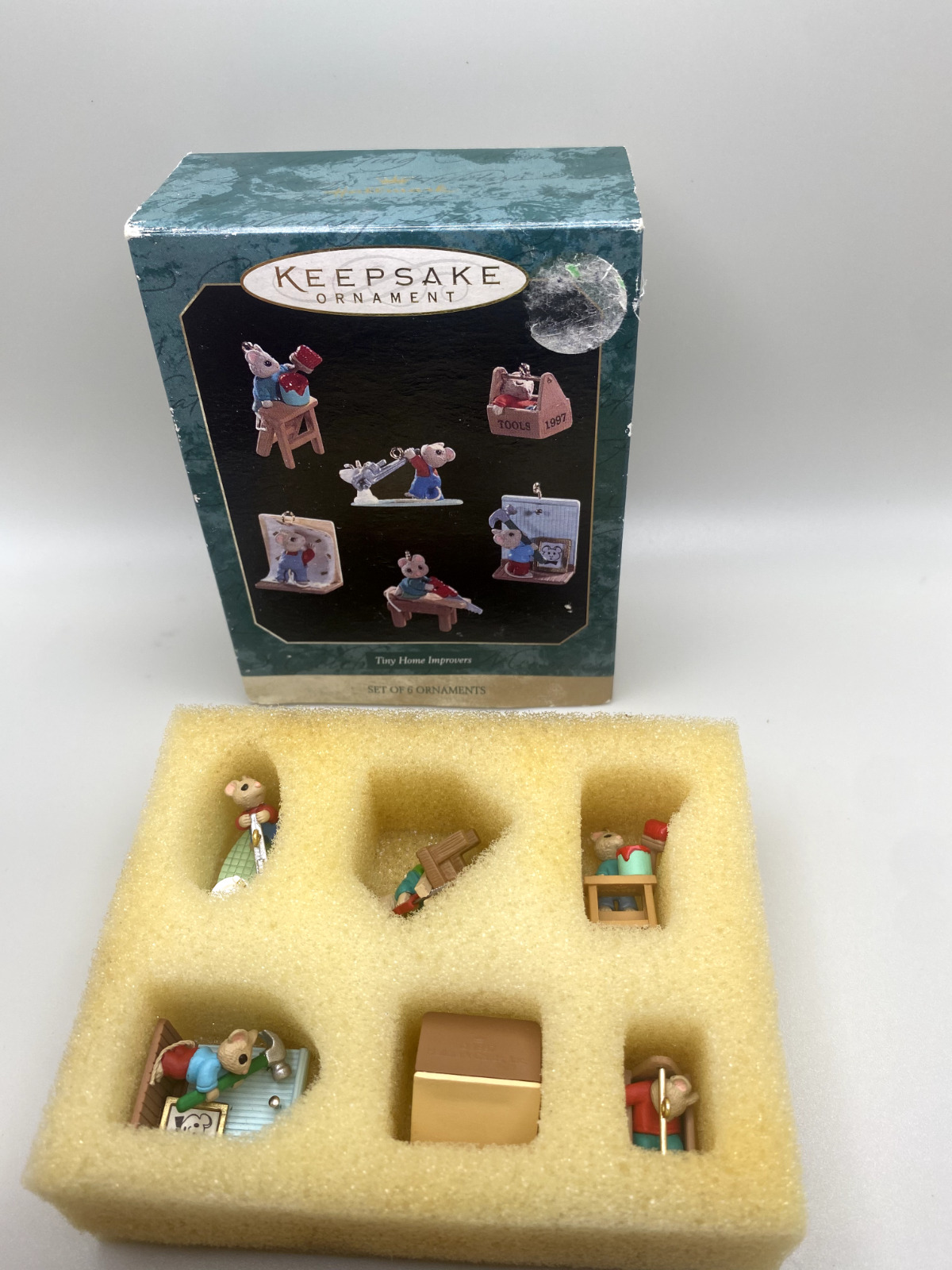 1997 Hallmark (Set of 6) Miniature Mice Tiny Home Improvers Christmas Ornaments 