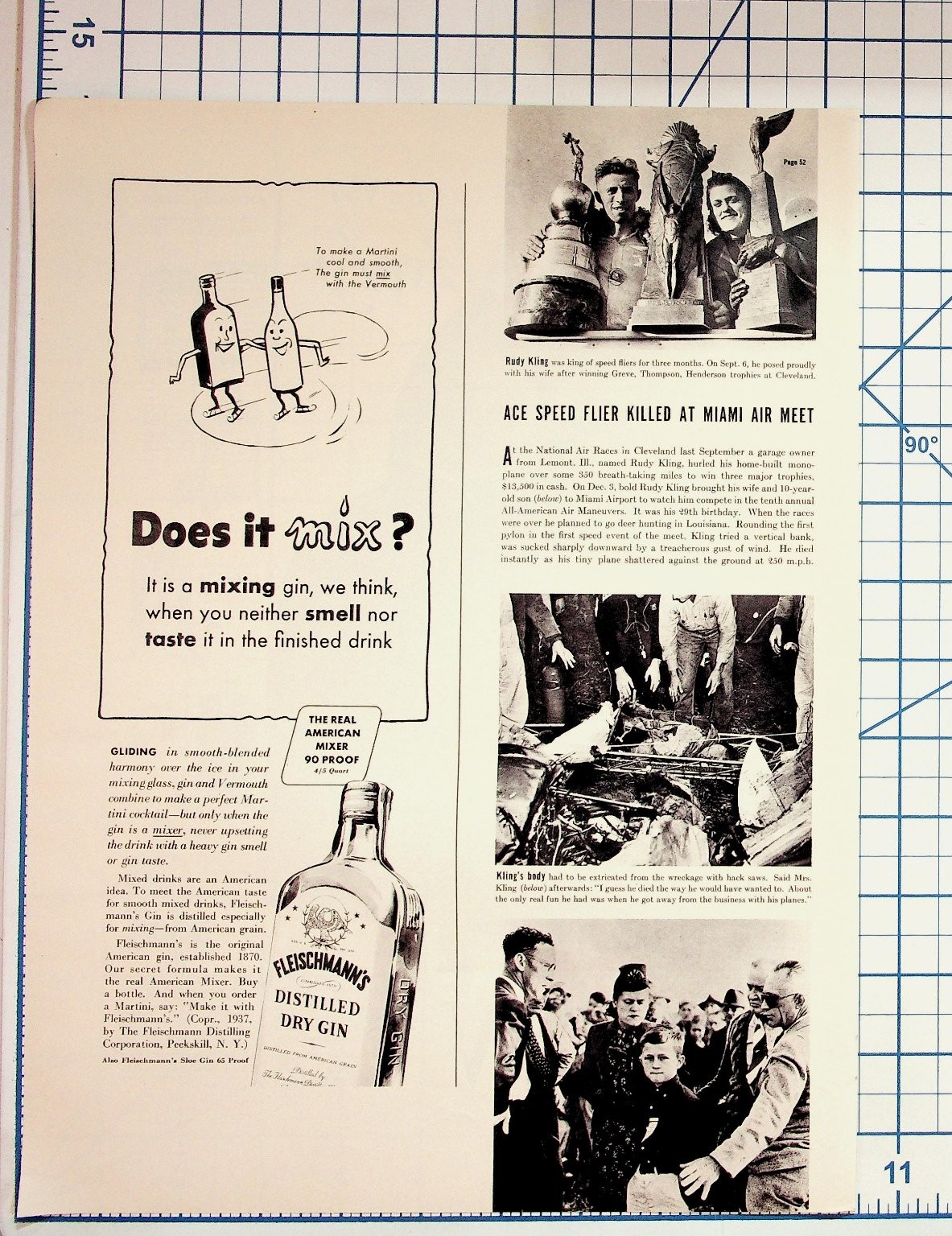 1937 Fleischmann's Gin Ad & Rudy Kling Air Race Tragedy Magazine Page