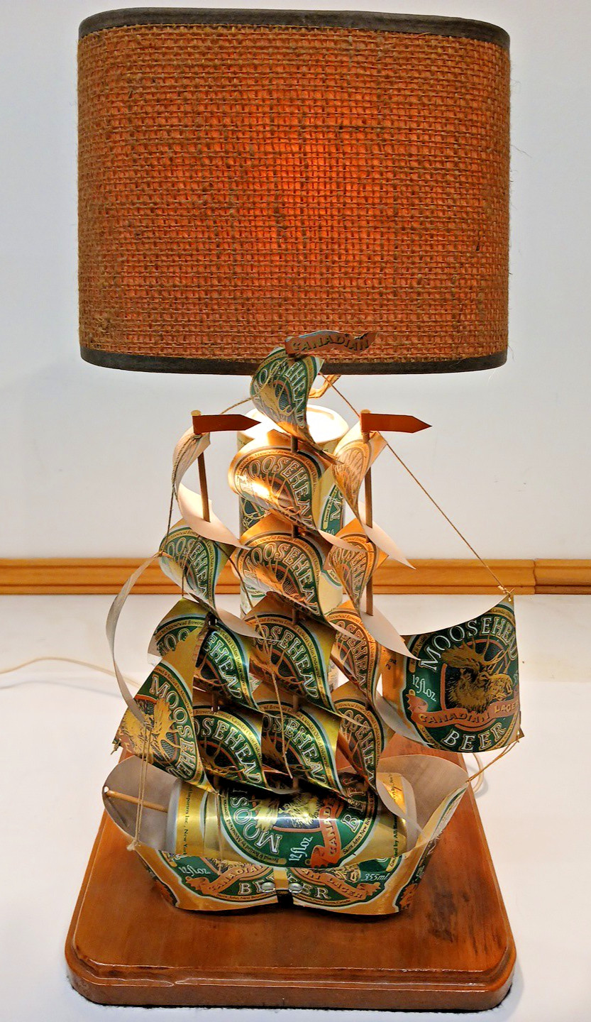 Vintage Moosehead Canadian Beer Can Sailing Ship With Lamp  Handcrafted Folk Art