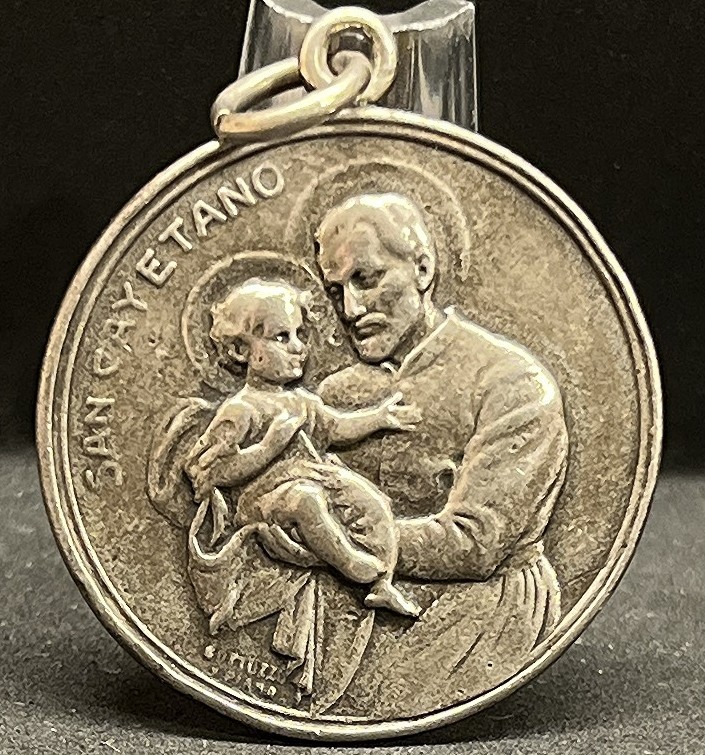 Spain 1930´ Saint Cajetan antique Catholic medal Art Nouveau design pendant