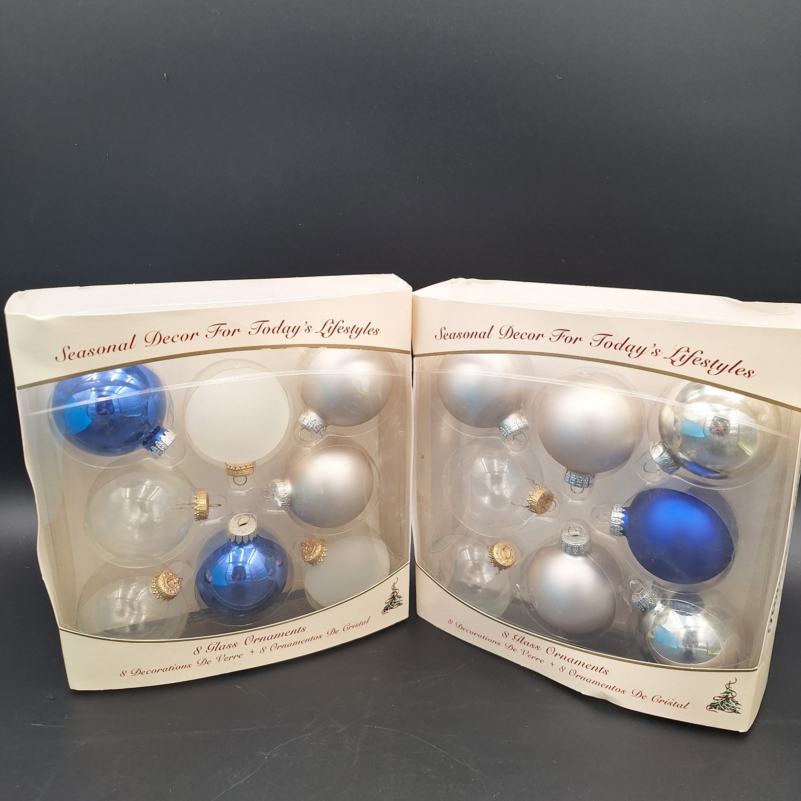 Vintage Mixed Lot Glass Christmas Ornaments Blue Pearl Silver Clear Boxed