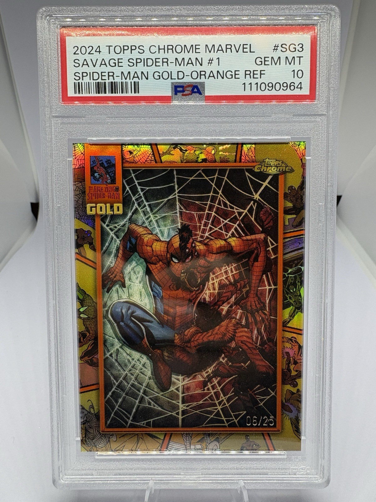 2024 Topps Chrome Spider-Man #SG3 Gold-Orange Refractor 06/25 PSA 10