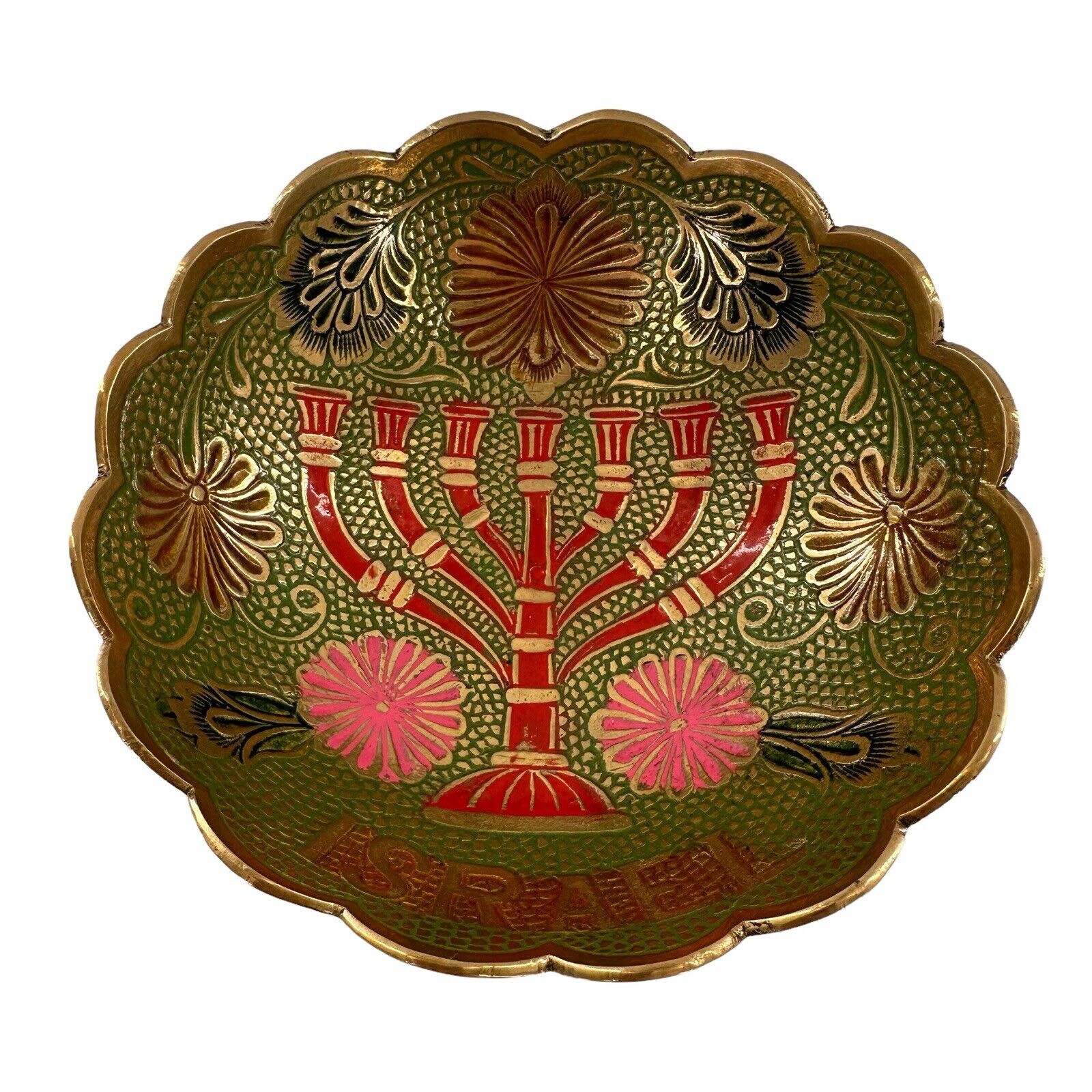 Vintage Enamel Painted Colorful Israel Menorah Brass Scalloped Edge Dish Bowl