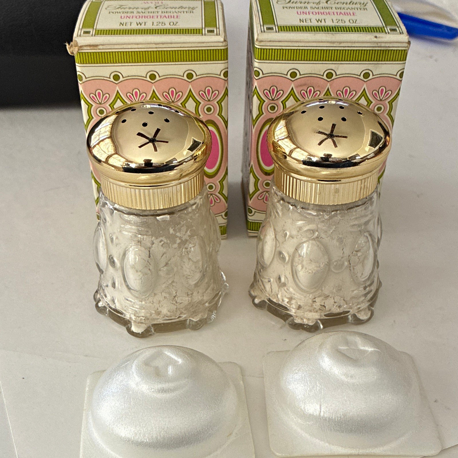 Avon Turn of Century Unforgettable Powder Sachet Decanter 1.25 oz Set of 2 W/Box