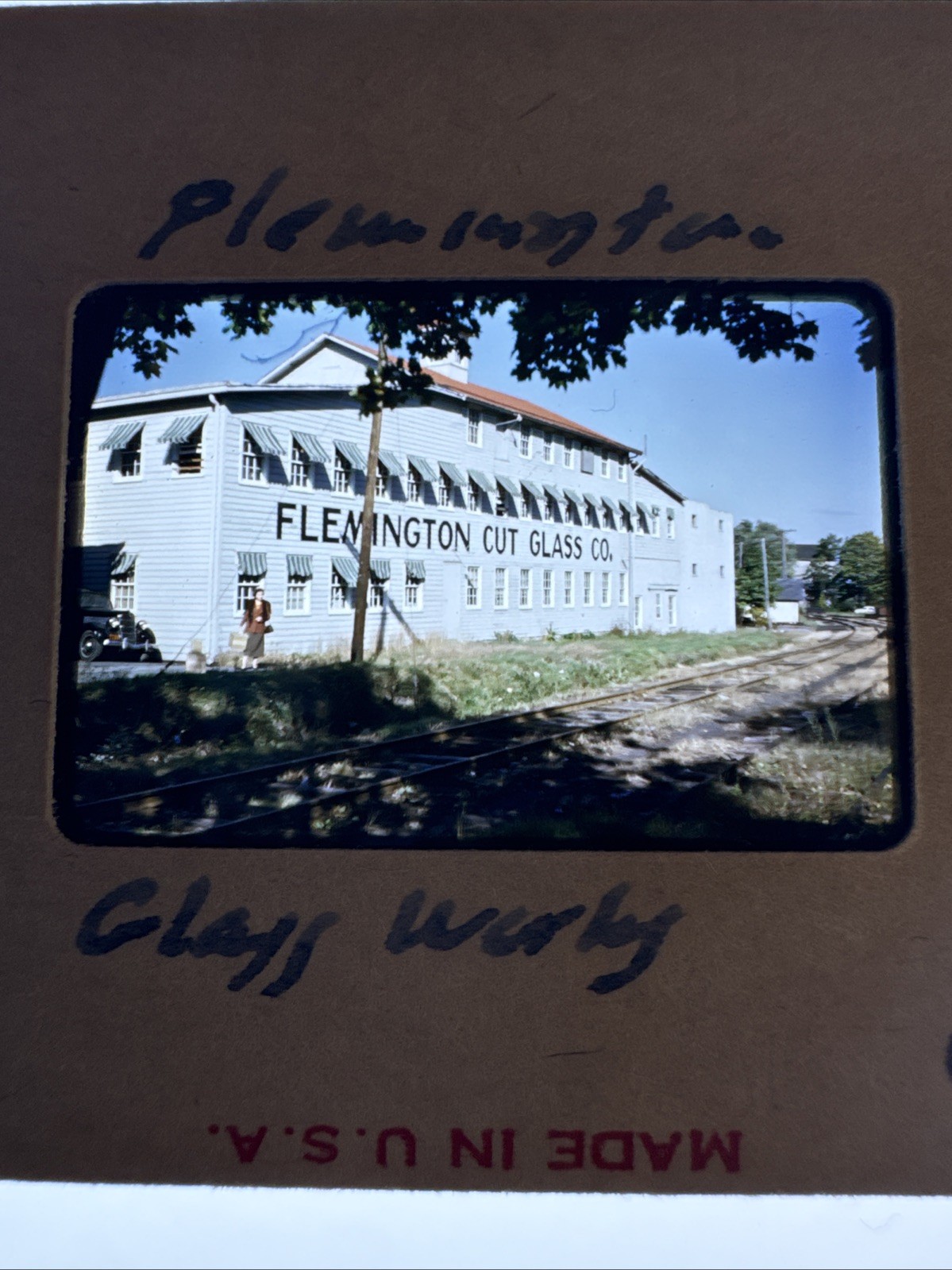 1950s Kodachrome Slide Flemington NJ Cut Glass Co Factory RR Tracks Car Woman