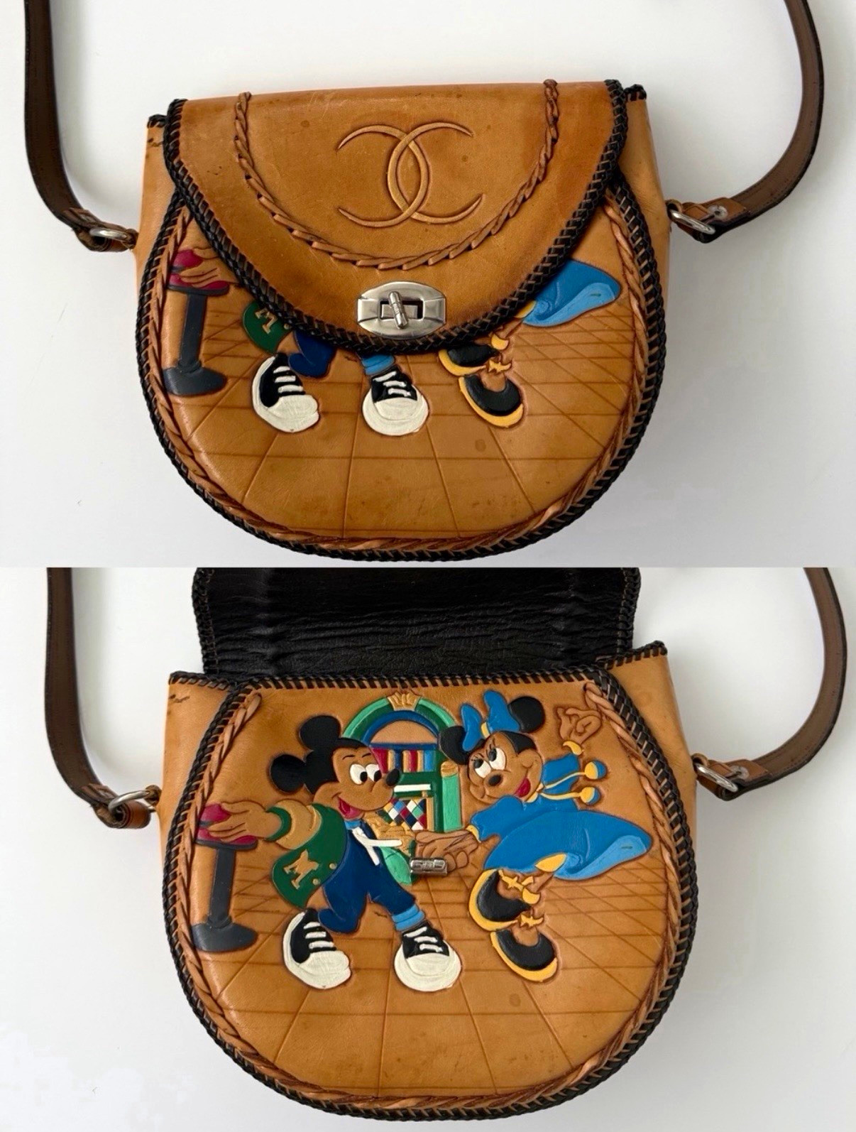 Vintage 70s handmade tooled Mickey and Minnie Western Leather shoulder bag