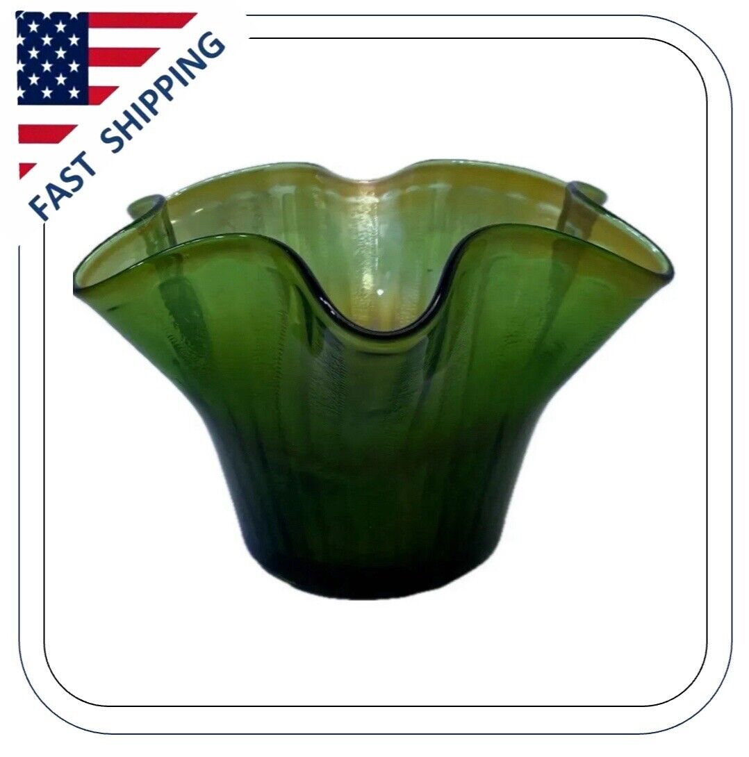 Vintage Green Carnival Glass Iridescent Vase Bowl