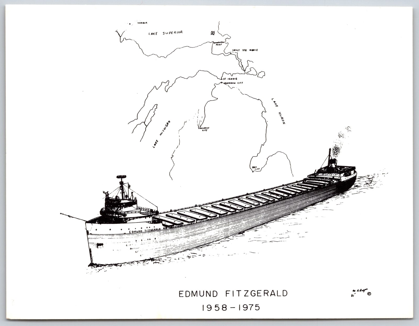 Vintage Postcard SS Edmund Fitzgerald Great Lakes Freighter 1958-1975