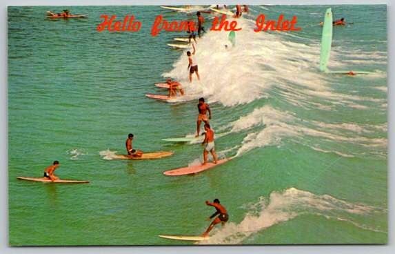 Hello from Indian River Inlet Delaware Surfing Vintage Postcard