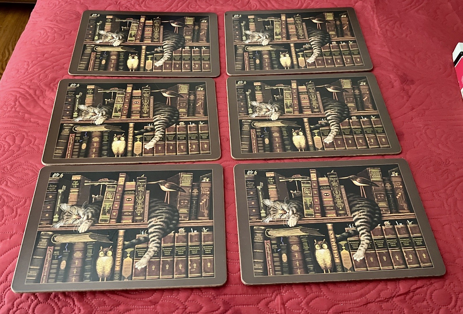 Vintage Set Of 6 Charles Wysocki Frederick the Literate Cat Placemats Pimpernel