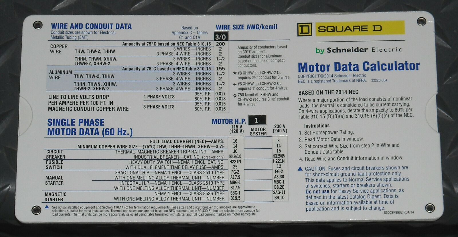 Brand New Square D Motor and Transformer Data Calculator 2014 NEC