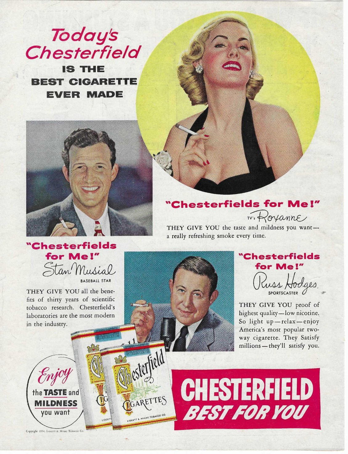 Chesterfield Cigarettes Stan Musial Baseball, Russ Hodges Sportscaster, Vtg 1954