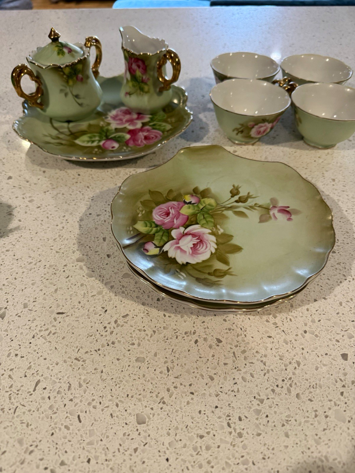 Lefton Floral Porcelain Tea Set 5 oz Cups/Saucers Creamer Sugar Lid MPN