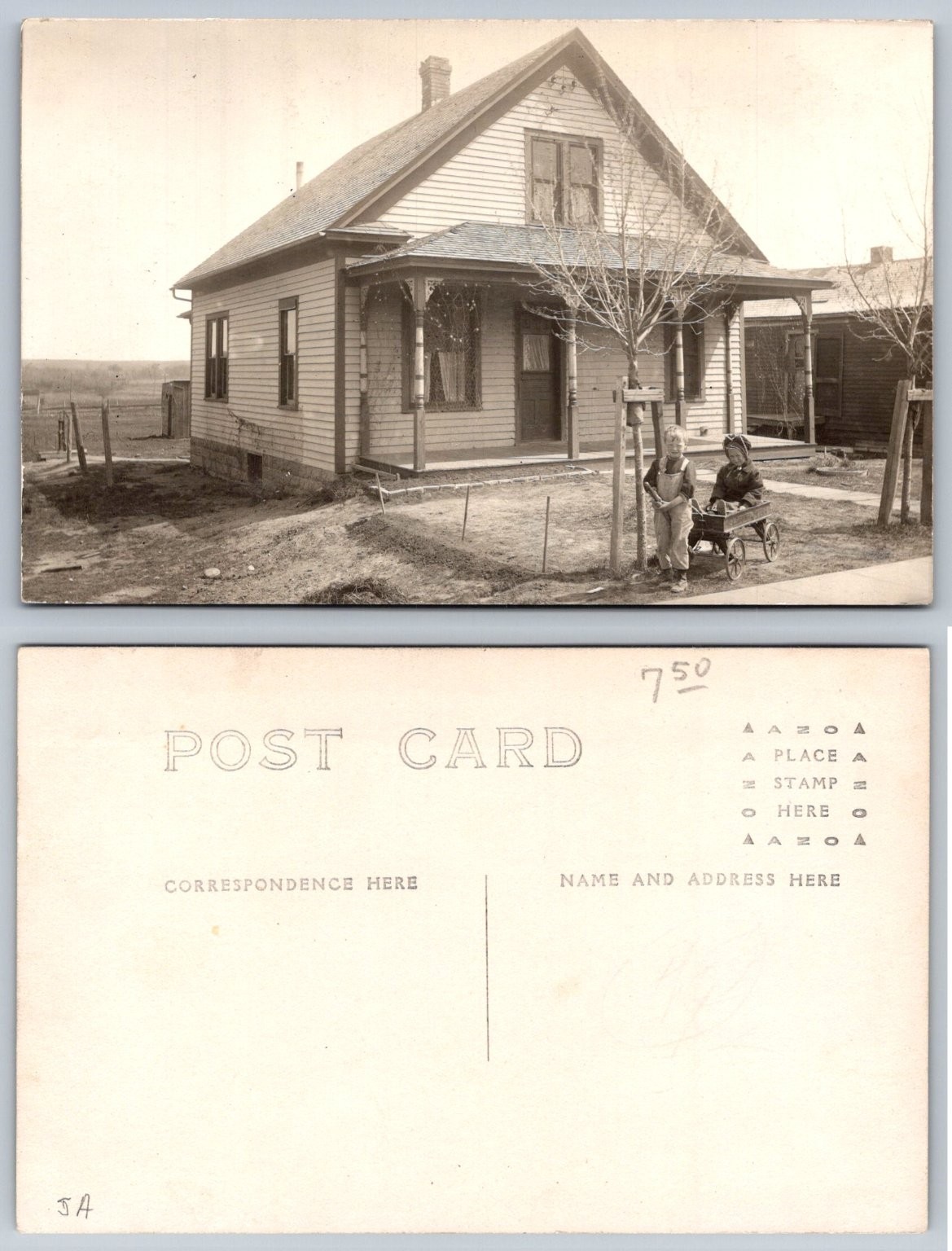Vintage RPPC Two Children Wagon Rural Farm House Americana Postcard 1910s