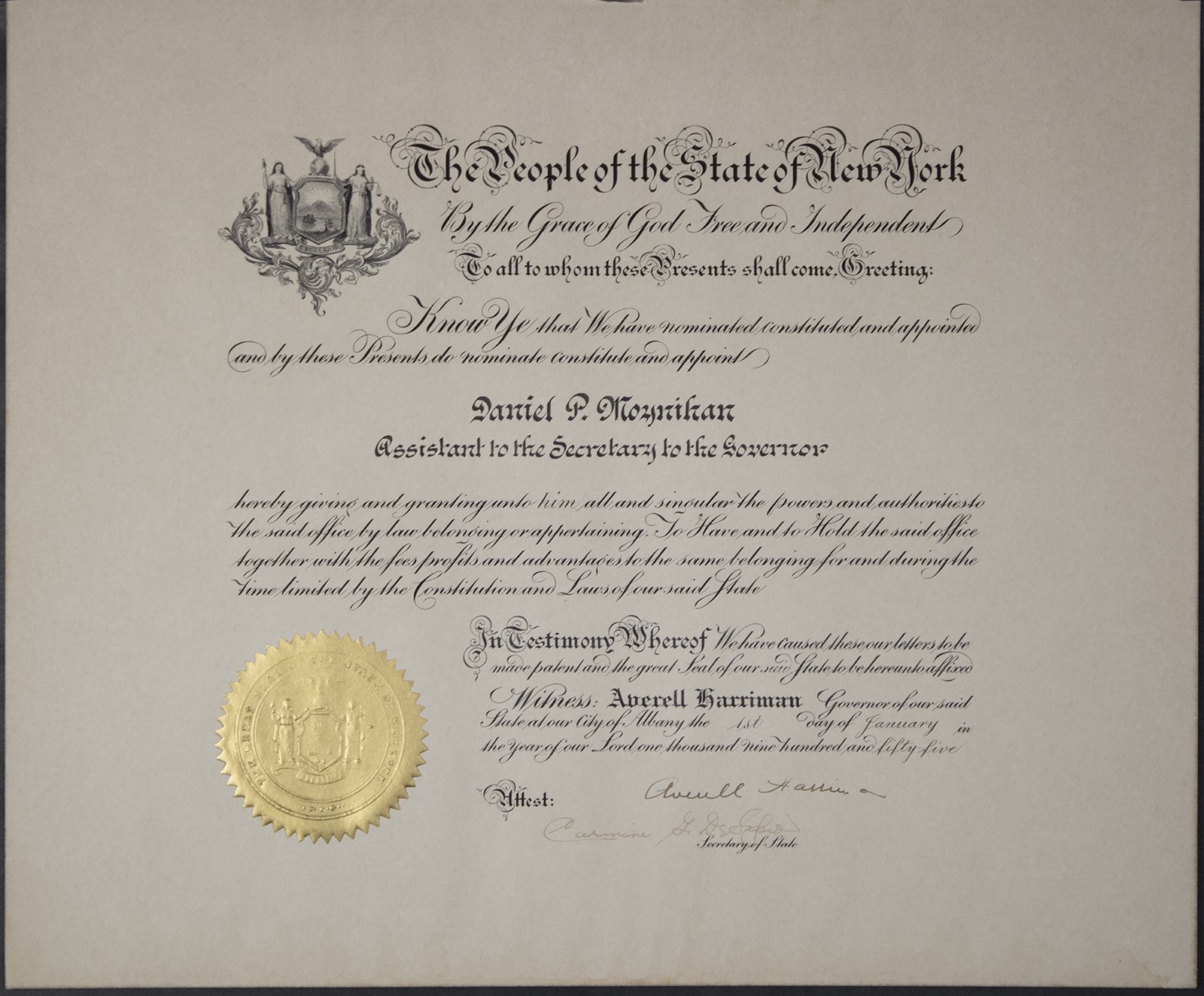 W. AVERELL HARRIMAN - CIVIL APPOINTMENT SIGNED 01/01/1955 WITH CO-SIGNERS