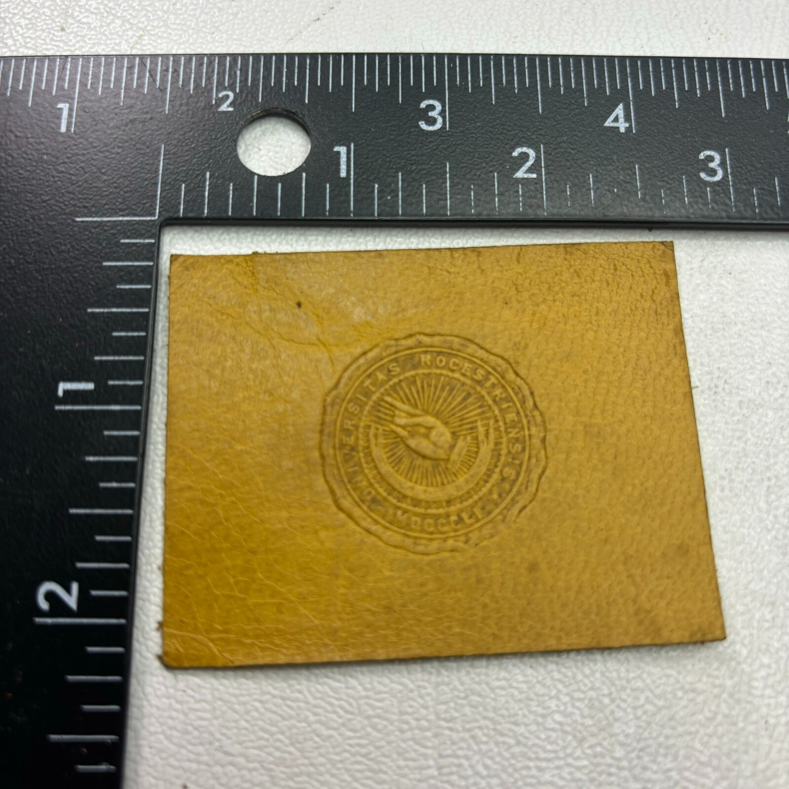 VTG c 1910s UNKNOWN LATIN SEAL w/ HAND GESTURE SYMBOL Tobacco Leather Patch 39RI