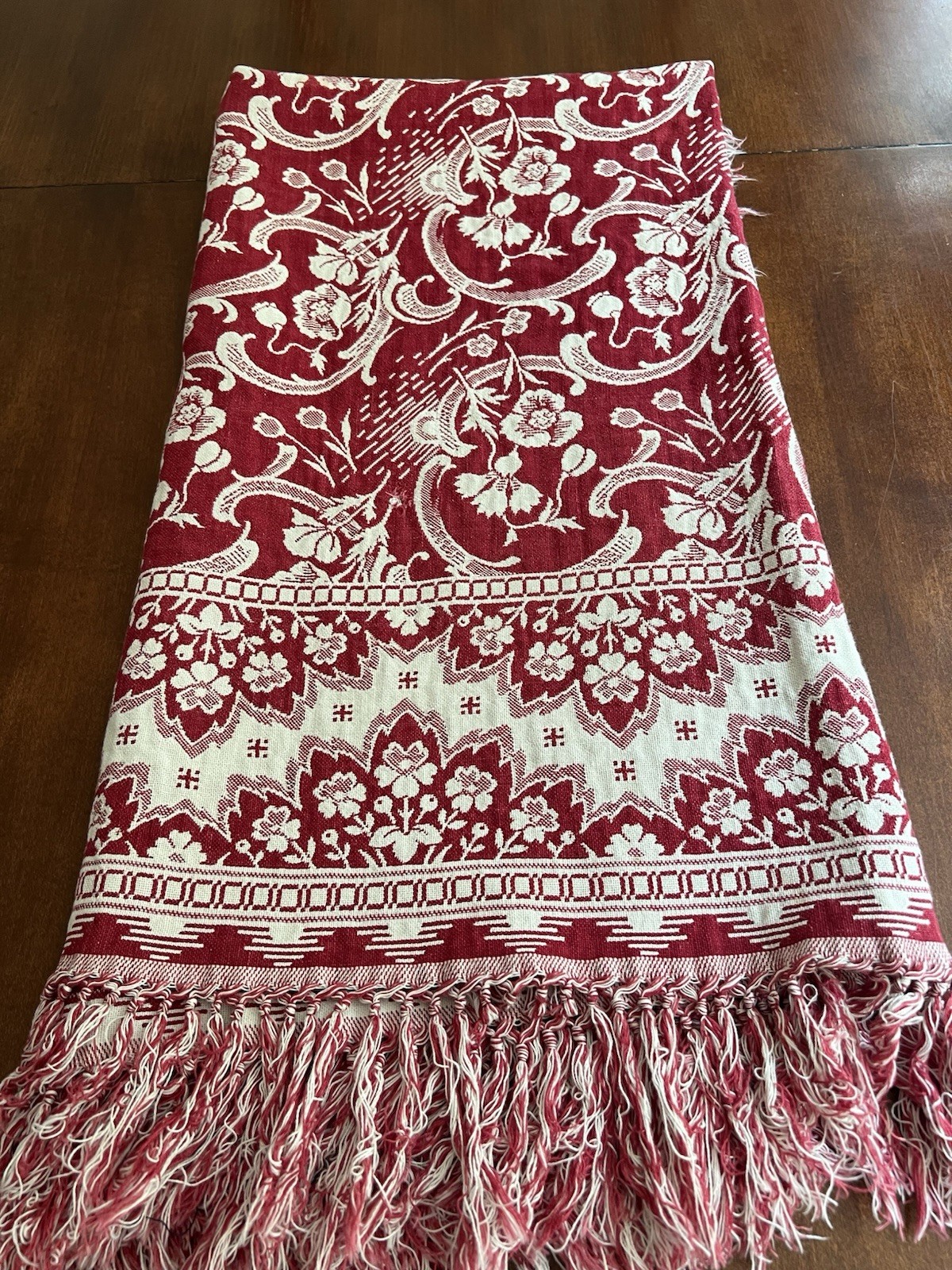 Vintage Red & Ivory Woven Jacard Tablecloth Reversible Farmhouse Floral Folk Art