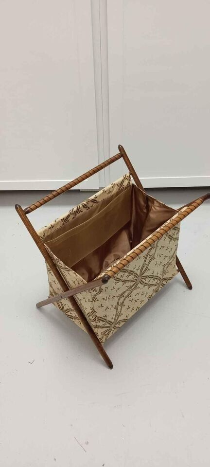 Vintage Folding Knitting Basket with Wood Frame Sewing or Magazine Basket