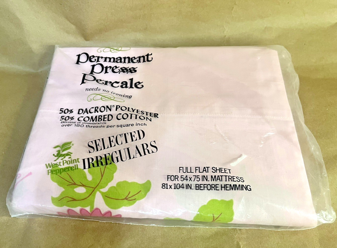 Vtg Full Flat Sheet West Point Pepperell Permanent Press Percale Pink Floral New