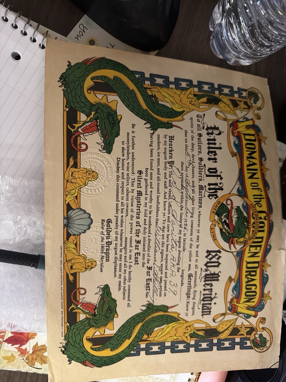 WWII 1945 Domain of The Golden Dragon Certificate USS LST-839 Original Navy Ship