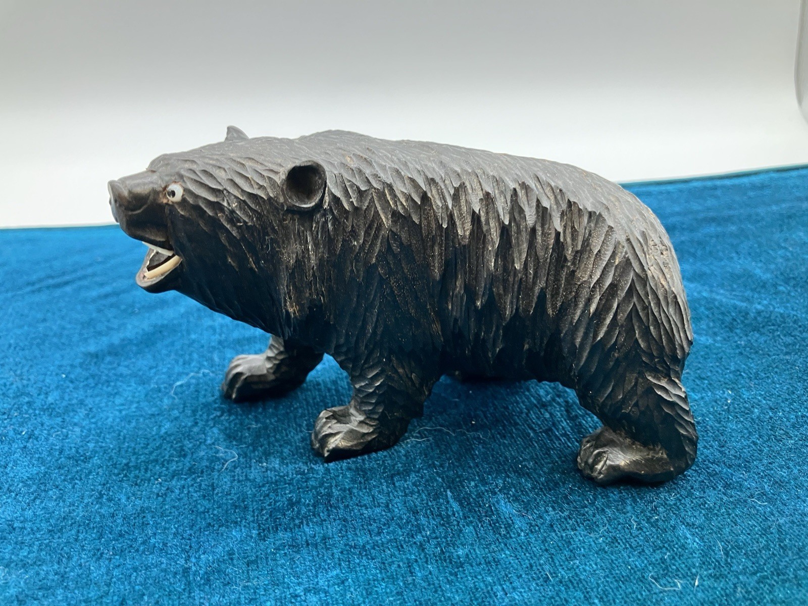 Vintage Black Forest Style Carved Wood Bear Figurine Glass Eyes