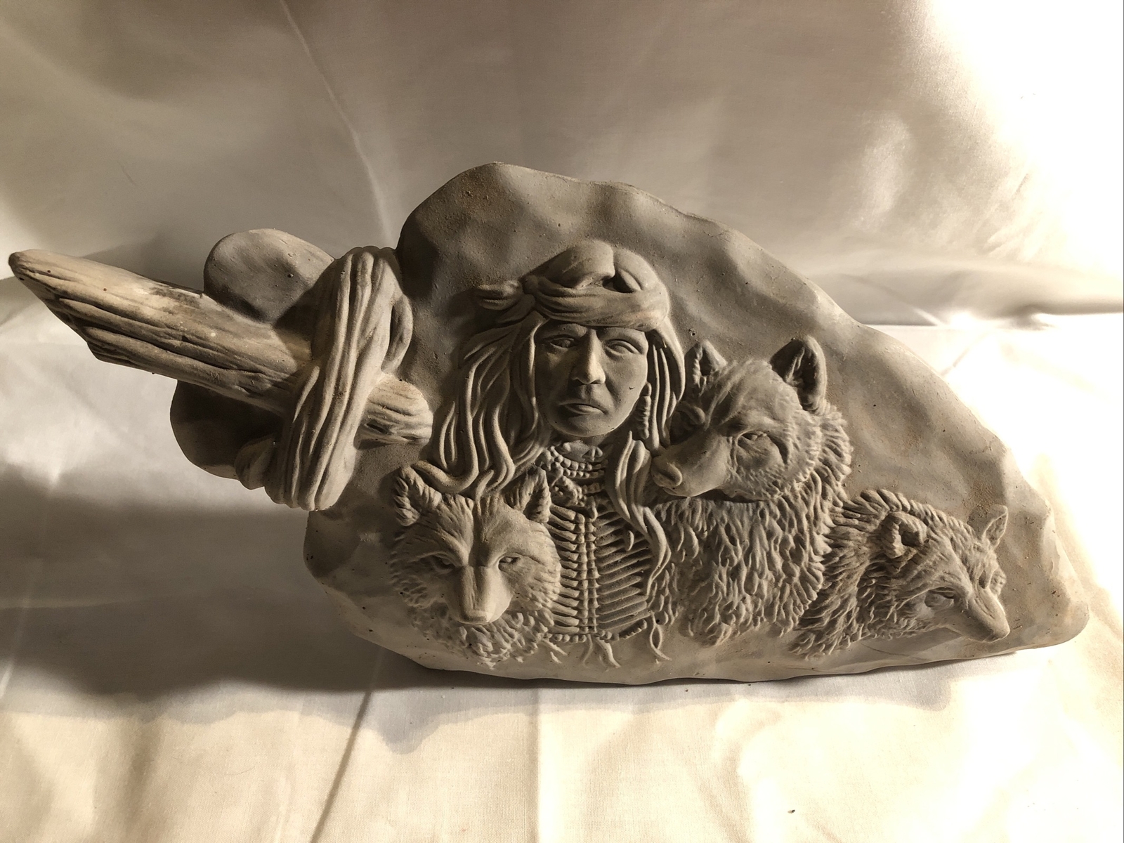 Vintage Ceramic Bisque Arrowhead Statue Figurine With Native American & Wolves