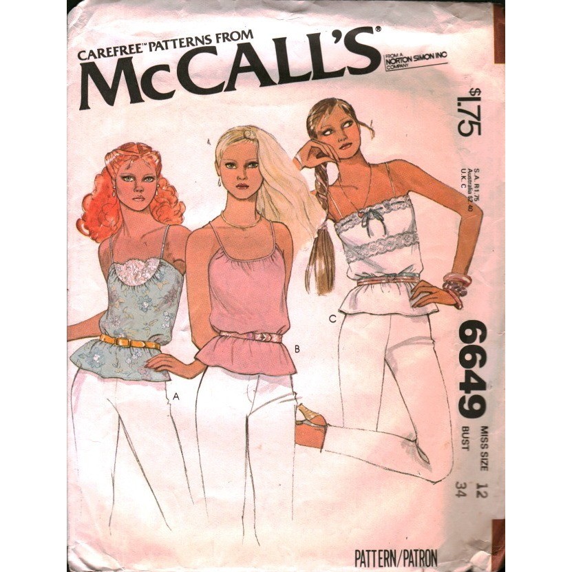 Vintage 1979 McCalls 6649 Misses Tops Sewing Pattern Size 12 Bust 34 Boho Lace