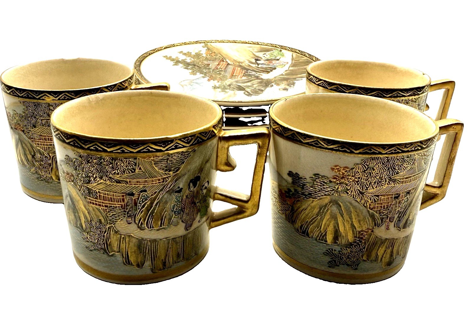 Set of 4 Antique Japanese Satsuma Demitasse Cups & Saucers Mt Fuji Hand Painted Set of 4 Antique Japanese Satsuma Demitasse Cups & Saucers Mt Fuji Hand Painted