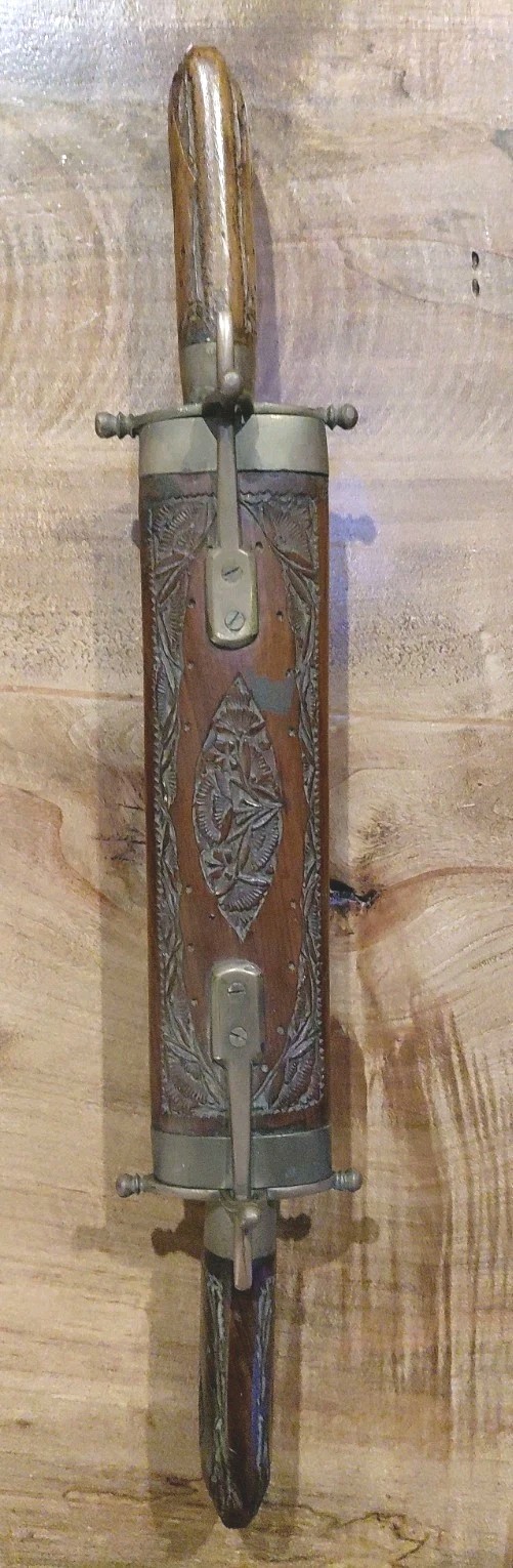 Vintage Wood Carving w/Brass Knife & Fork Set w/Stand Sheath - Unique MCM