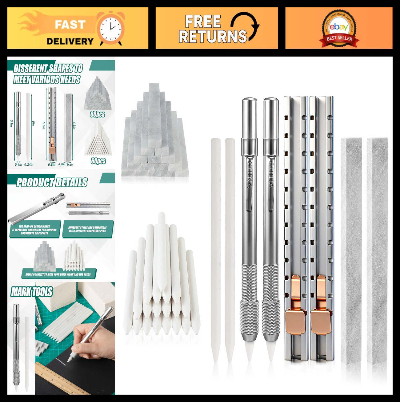 124 Pcs Soapstone Pencil Set - 120 Flat & Round Pens, 4 Holders, Refills for Wel