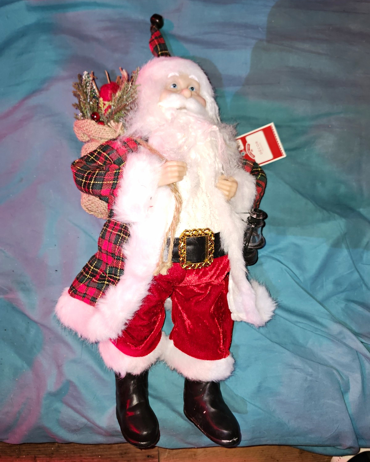 Santa Claus Fabric Christmas Figurine Red Outfit w/ Plaid Hat 3D Effect