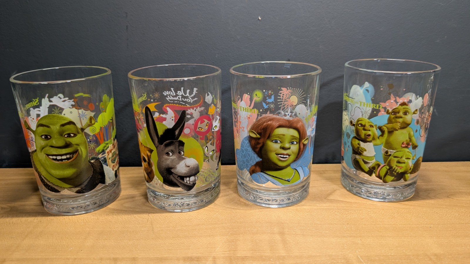 SHREK THE THIRD McDonald\'s VTG glass Cups Set Of 4 Great Condition See Photos