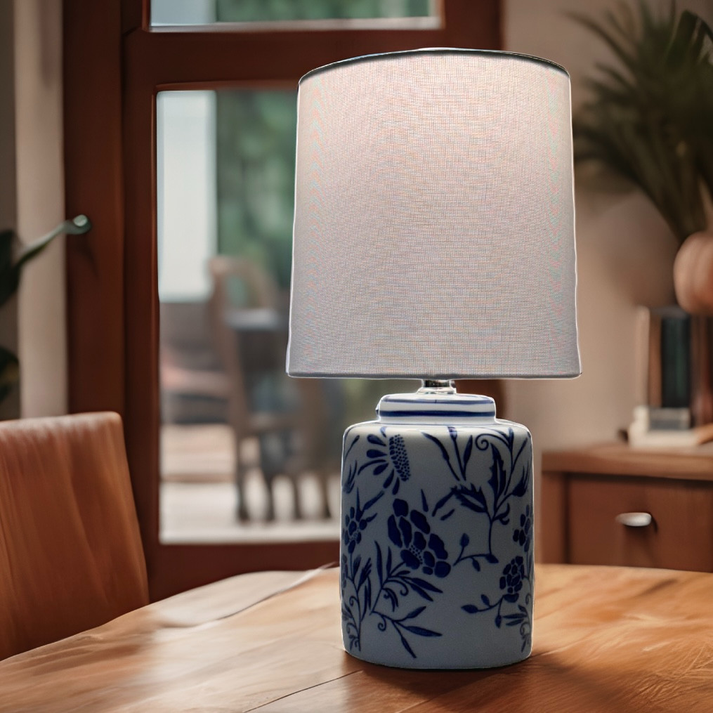 Vintage Ceramic Portugal Blue Floral Table Lamp Electric Handmade Bedside Lamp