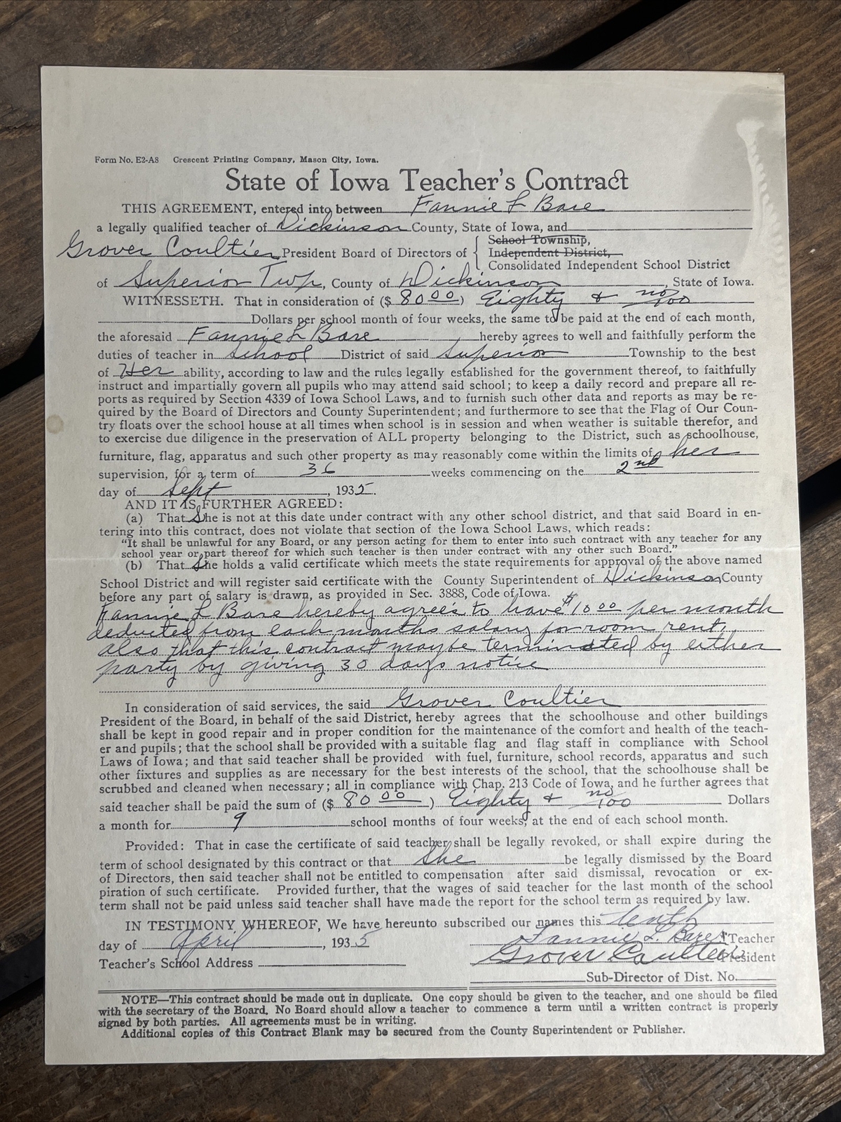 Vintage 1935 State Of Iowa TEACHER\'S CONTRACT - Fannie Bare - Rare
