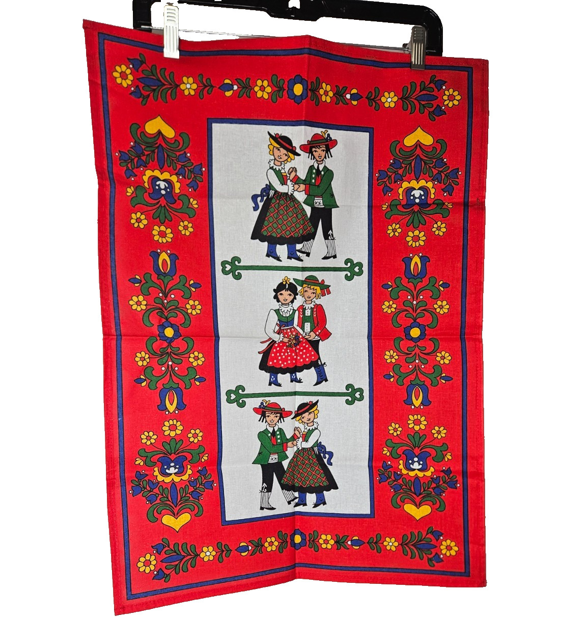 Vintage Folk Art Kitchen Towel Scandinavian Dutch Floral Red Cotton