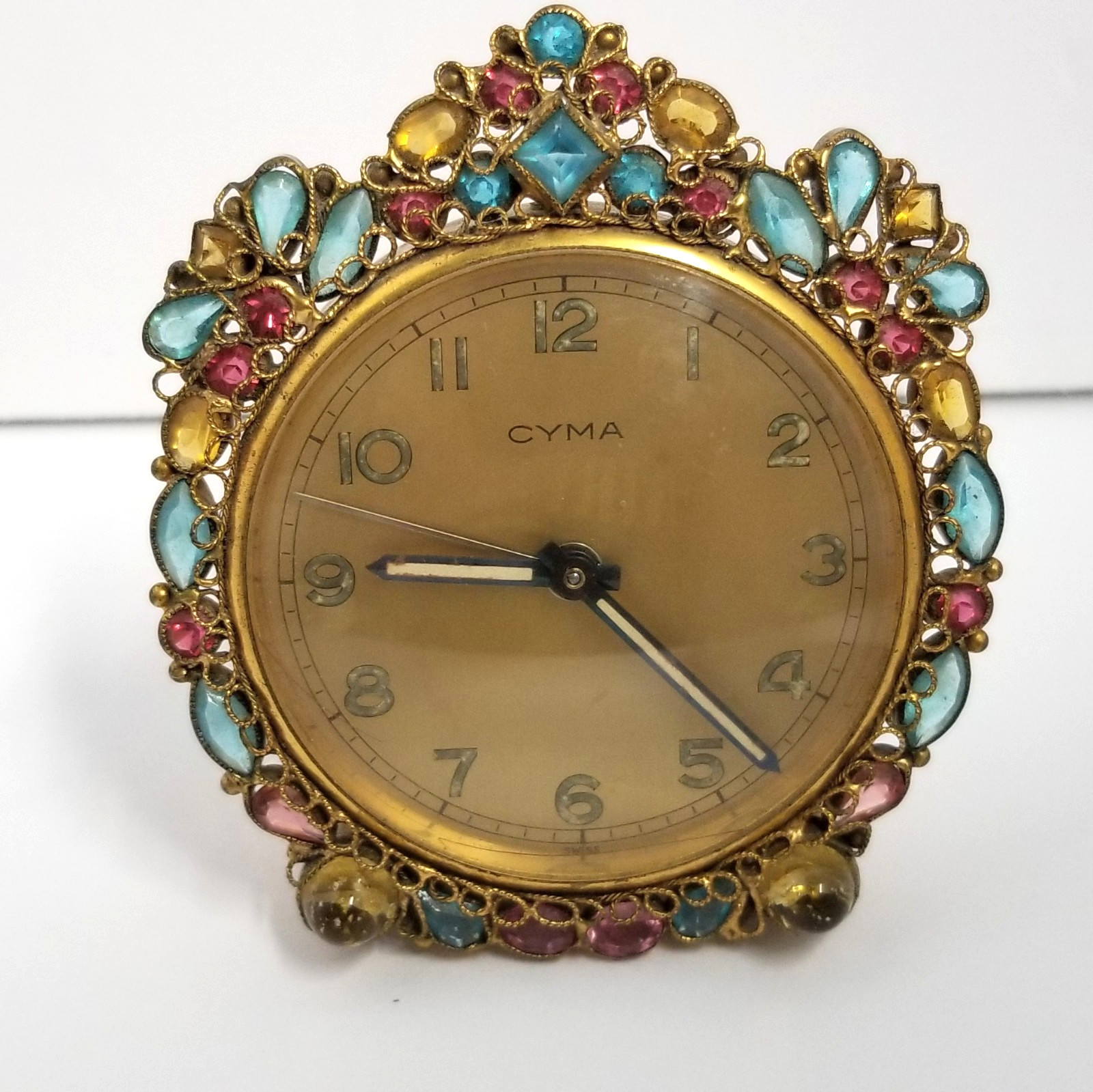 Vtg Original by Robert Cyma Swiss Windup Alarm Clock Jeweled Rhinestones ~ Works