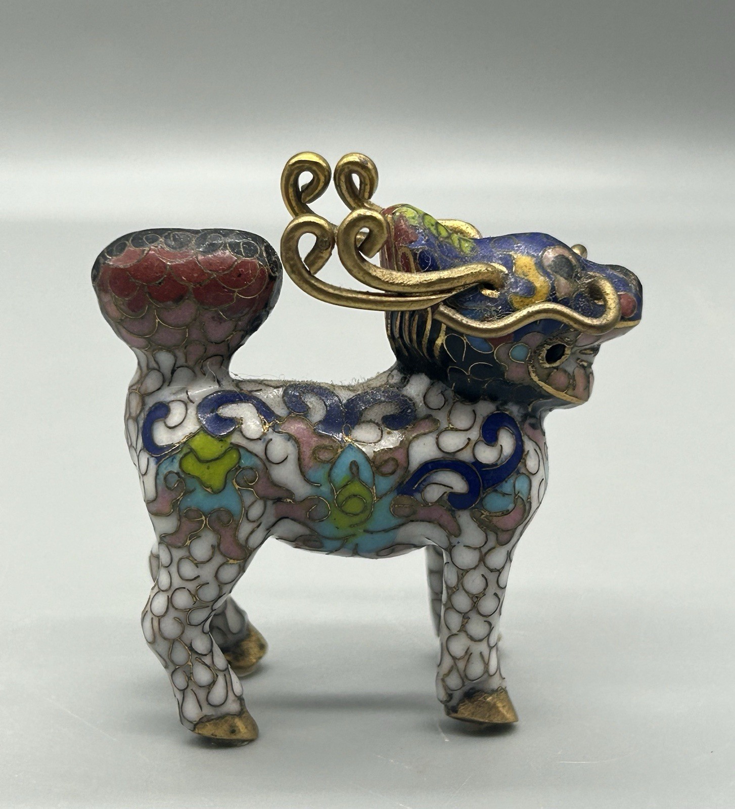 Vtg Chinese Cloisonne Enamel Pixiu Figurine Foo Dog Gilt Filigree.