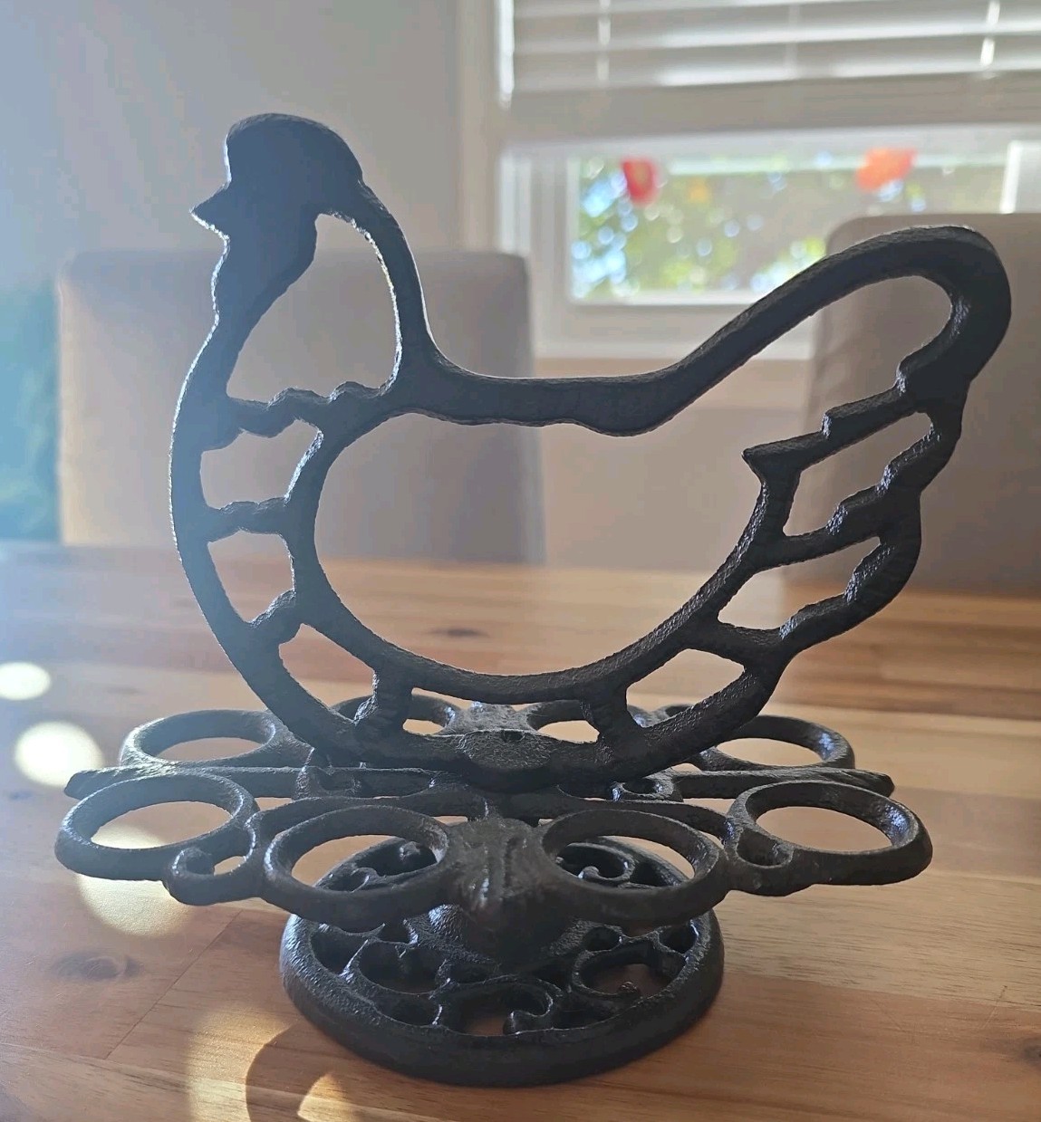 Antique  Black Cast Iron Standing Chicken 8 Egg Holder Beautiful Condition 