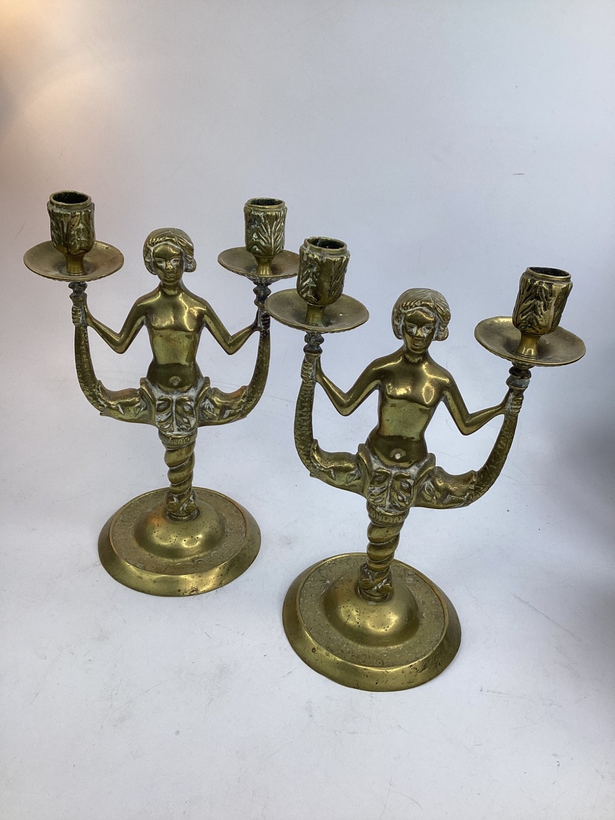 2 Antique Danish Brass Ornate Mermaid Candle Holders Large Heavy  (K3)
