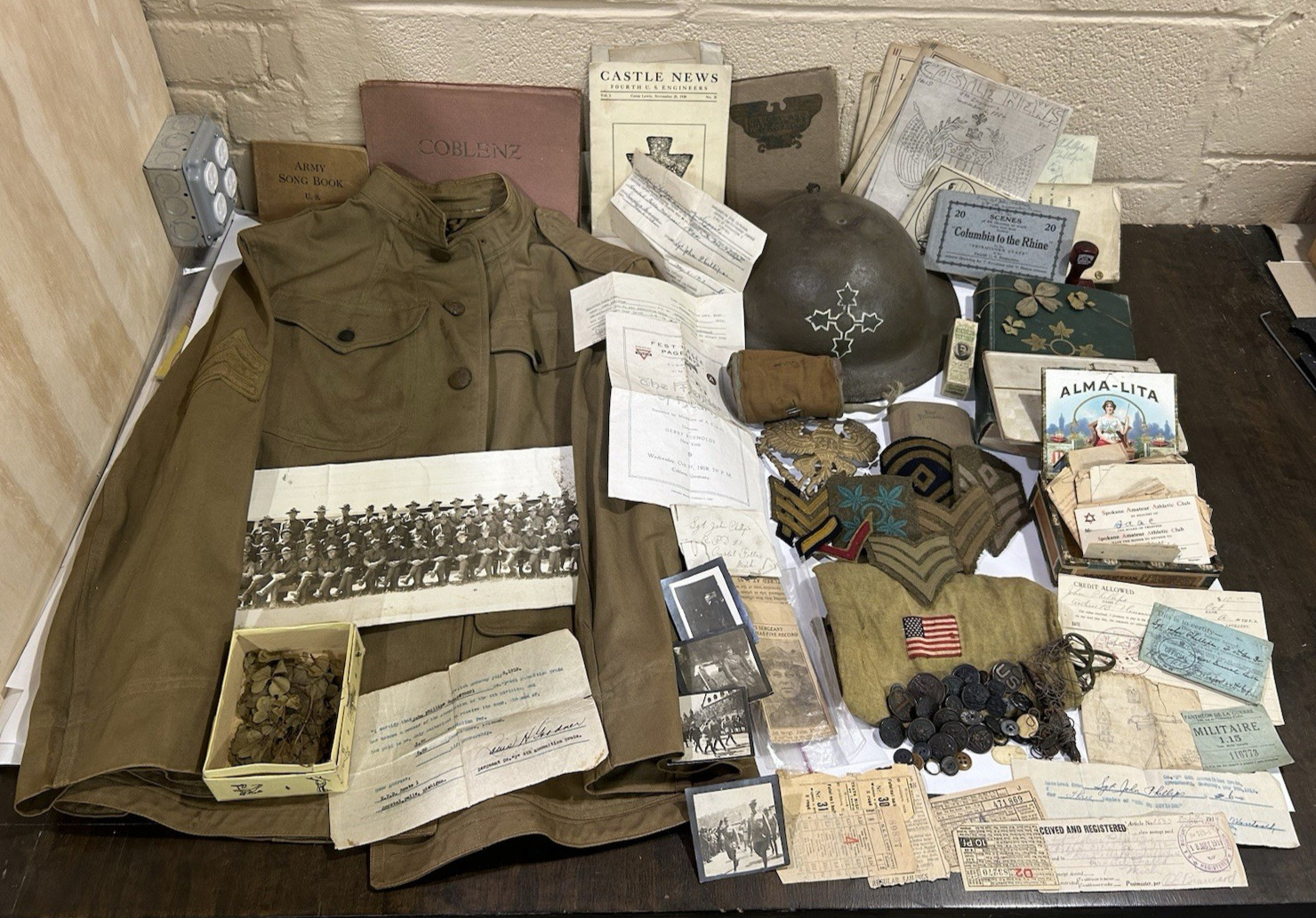 WWI 4th Infantry Division Named Lot Uniform Helmet Papers Pins Buttons More Nice