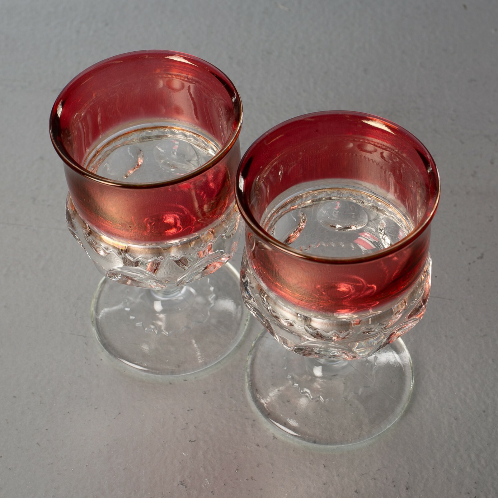 Vtg Tiffin-Francis Kings Crown Goblets Glasses Ruby Flashed Thumbprints Set 2