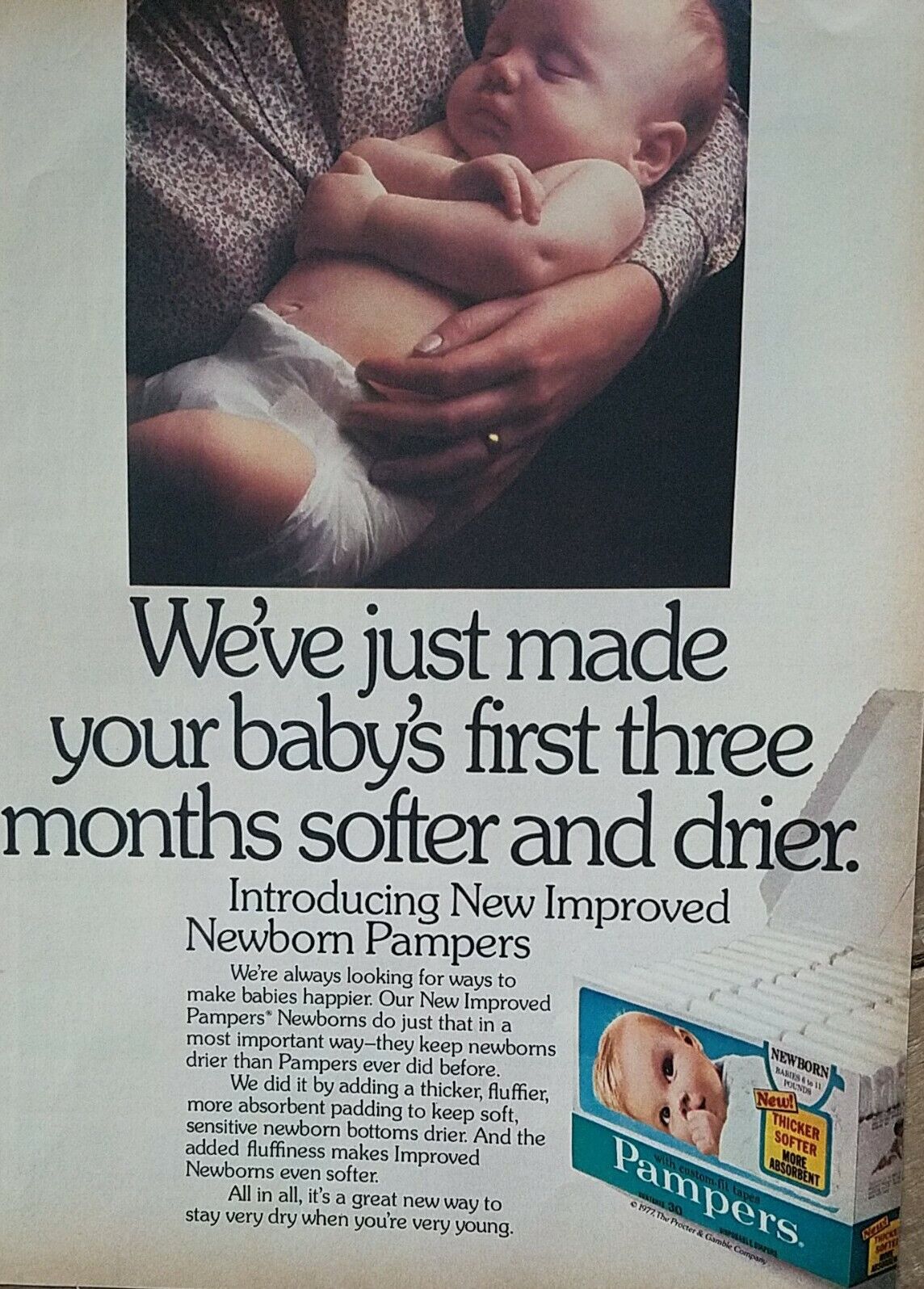 1977 Pampers introducing new improved newborn baby diapers ad