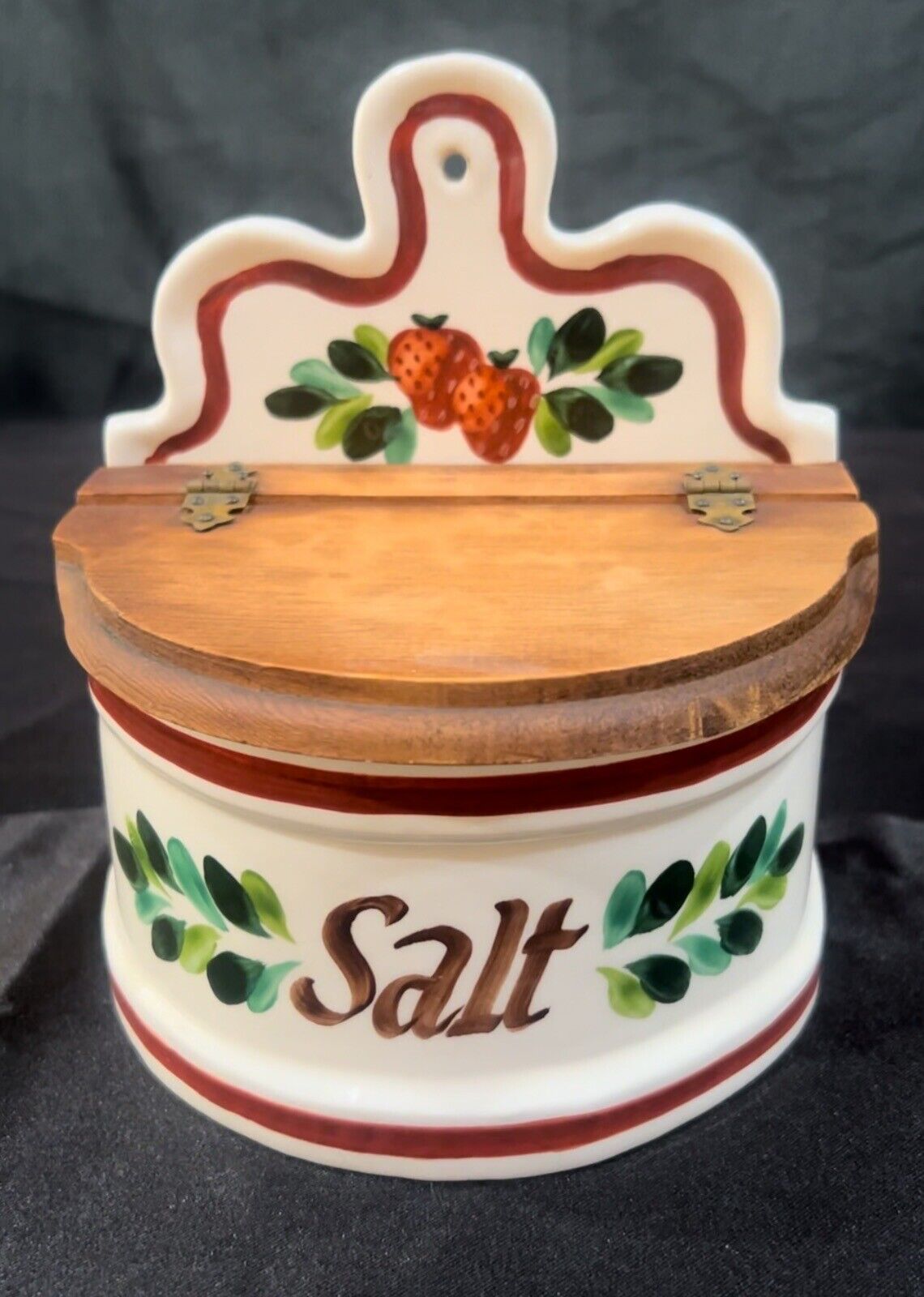 Vintage Bauer Pottery Salt Box/Salt Cellar w/ Wood Lid & Painted Strawberries