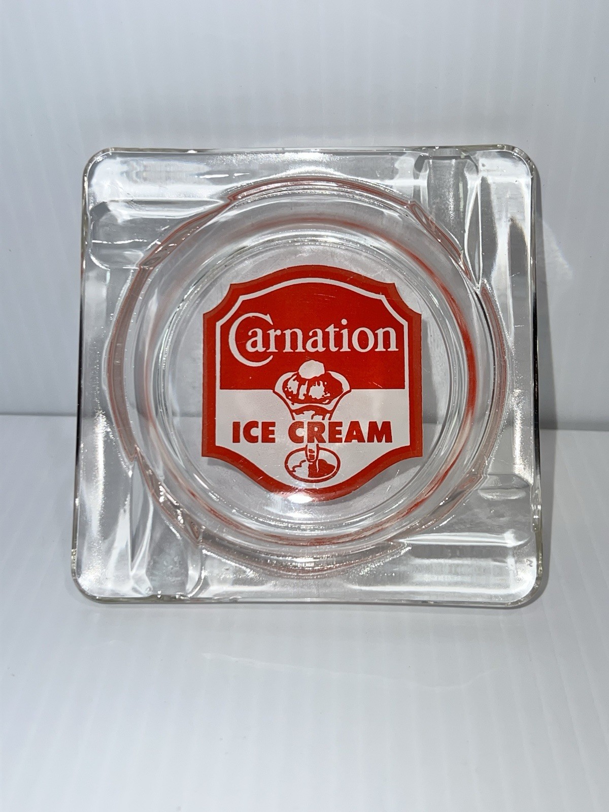 Vintage Carnation Ice Cream Glass Ashtray Sundae Logo Advertising Trinket Dish