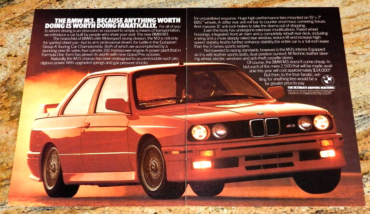1987 BMW M3 E30 Original Magazine Advertisement Small Poster