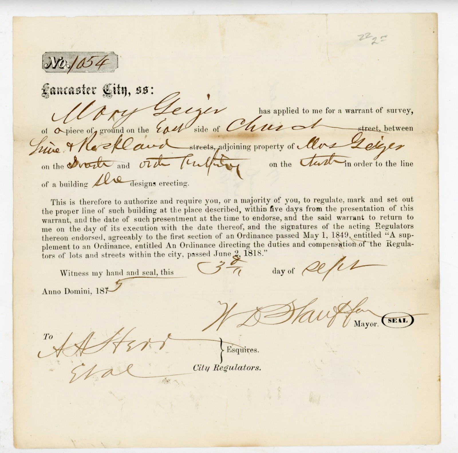 1875 Lancaster PA Land Survey Document Mary Geiger Church St Mayor Stauffer 1875 Lancaster PA Land Survey Document Mary Geiger Church St Mayor Stauffer